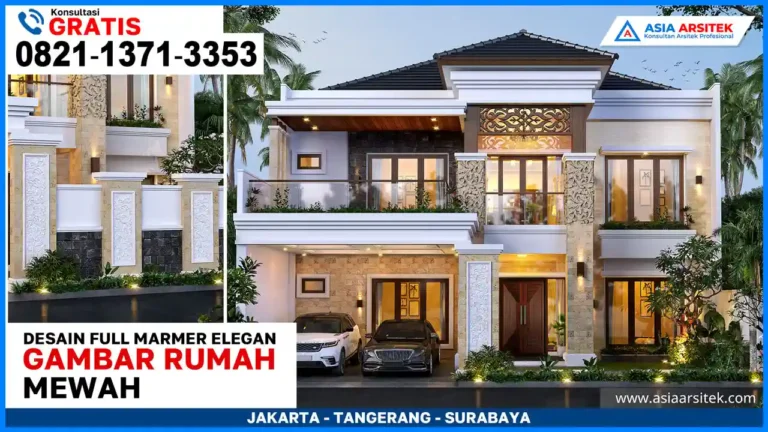 Gambar Rumah Mewah 3 Lantai Full Marmer Elegan Terbaru – Tampilan fasad rumah tiga lantai yang mewah dengan lapisan marmer eksklusif dan desain elegan bergaya modern klasik