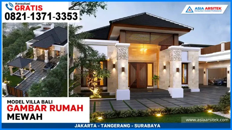 Gambar Rumah Mewah Gaya Villa Bali Terbaru – Desain rumah tropis mewah dengan taman rindang, kolam renang, dan fasad alami khas villa Bali