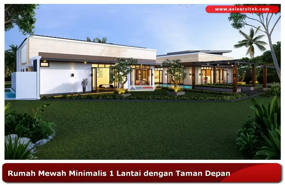 Rumah mewah minimalis 1 lantai dengan halaman depan hijau dan fasad putih bersih