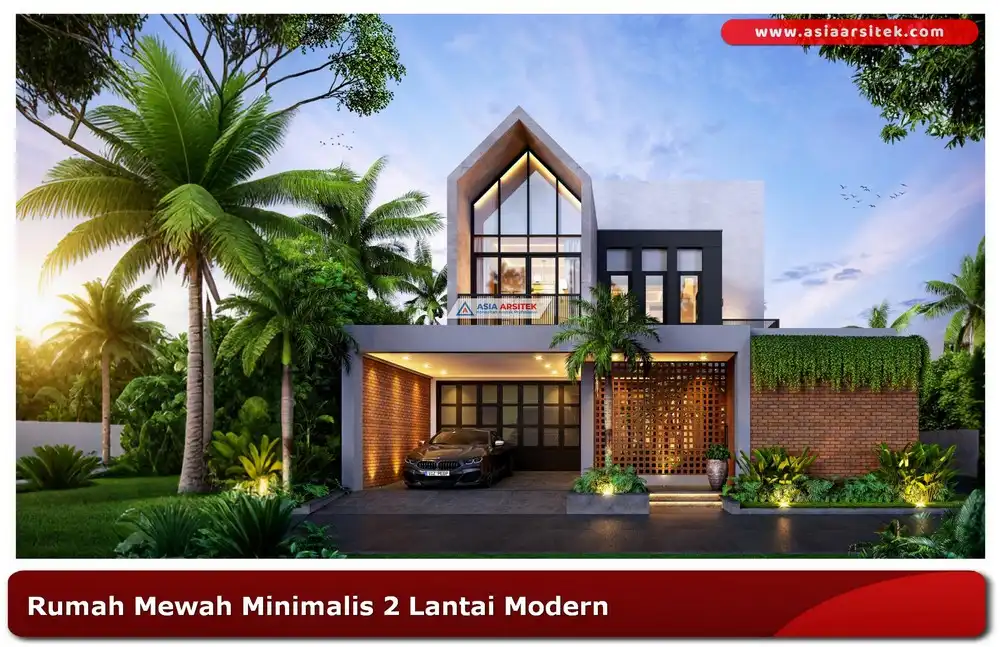 Tampak depan rumah mewah minimalis 2 lantai dengan material kaca dan beton ekspos