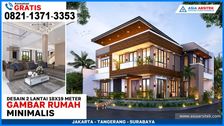 Gambar Rumah Minimalis Modern 2 Lantai 18x19 Meter – Fasad rumah dua lantai bergaya minimalis dengan garis tegas, bukaan besar, dan desain modern yang sesuai untuk keluarga di lahan 18x19 meter