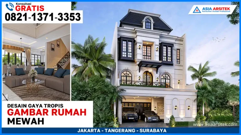 Inspirasi Rumah Mewah Gaya Tropis Tampak Depan – Fasad rumah megah dengan kombinasi kayu, batu alam, dan kaca besar yang menonjolkan keindahan arsitektur tropis modern.
