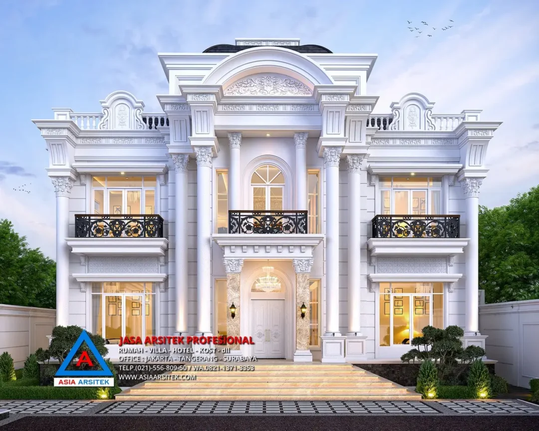 tampak depan Jasa Arsitek Desain Rumah Mewah Klasik 2 Lantai di Jambi, jasa arsitek jambi, arsitek jambi, jasa arsitek rumah di jambi, jasa desain rumah di jambi,