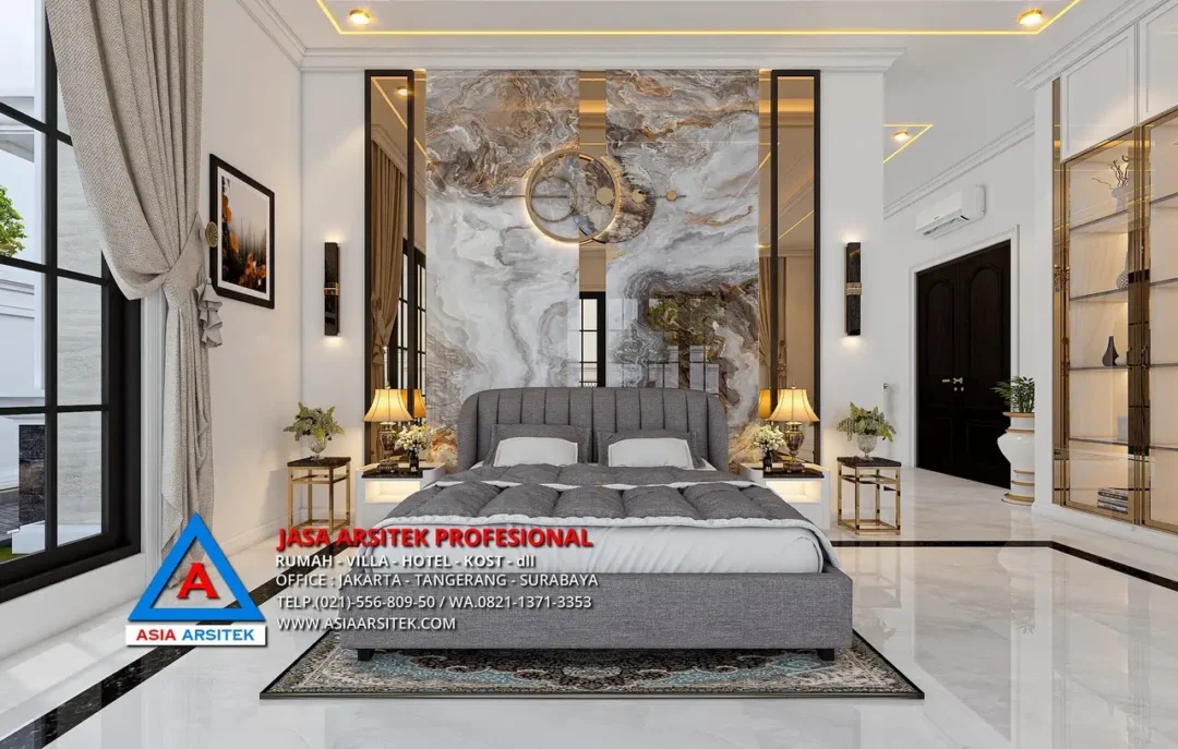 kamar tidur utama Jasa Arsitek Desain Rumah Mewah Mediterania 2 Lantai di Serang