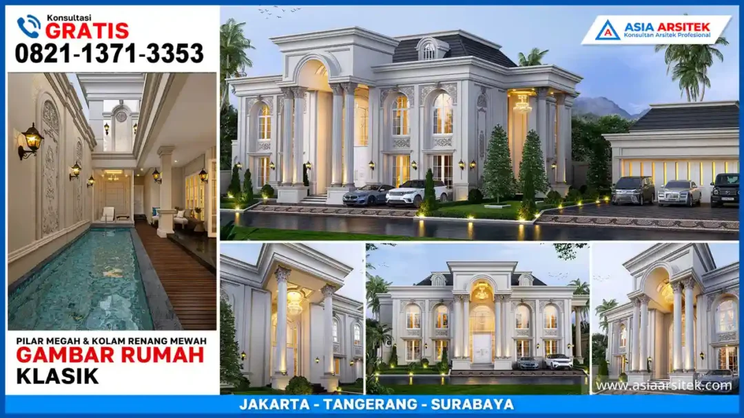 Desain Rumah Klasik Eropa 2 Lantai Dengan Pilar Megah dan Kolam Renang Mewah – Tampak depan rumah dua lantai bergaya klasik Eropa dengan pilar besar dan kolam renang mewah di halaman