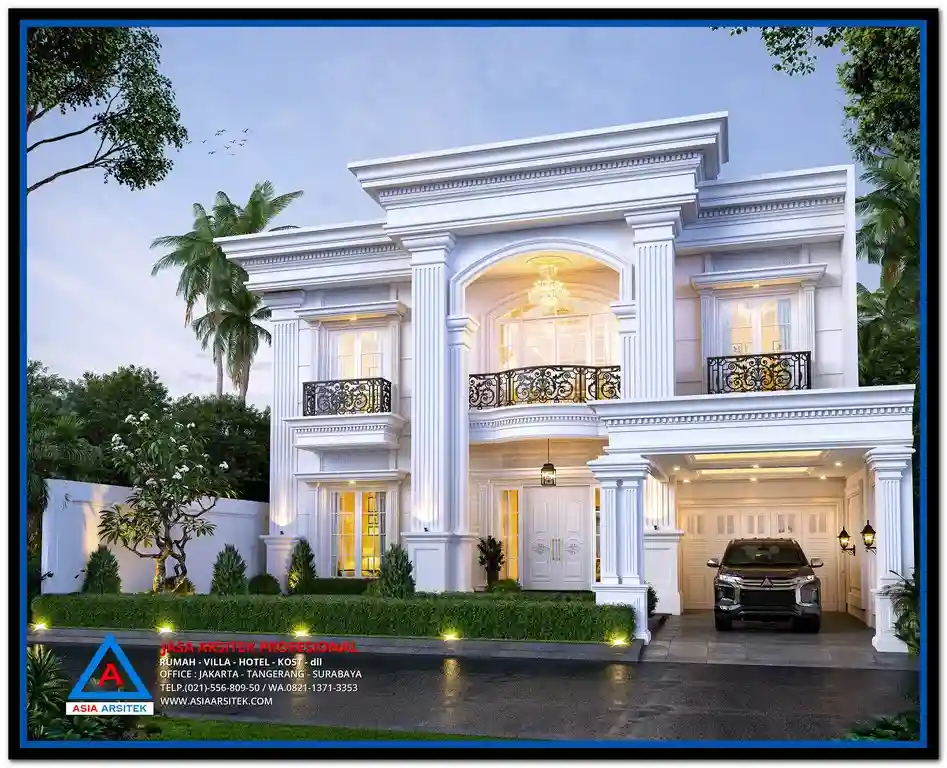 Desain fasad rumah klasik 2 lantai tanpa pagar dengan pilar simetris dan balkon luas, tampilan mewah bergaya Eropa