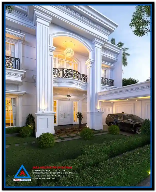 Tampak depan rumah klasik mewah 2 lantai ukuran 16x37 meter dengan pilar megah dan dominasi warna putih elegan