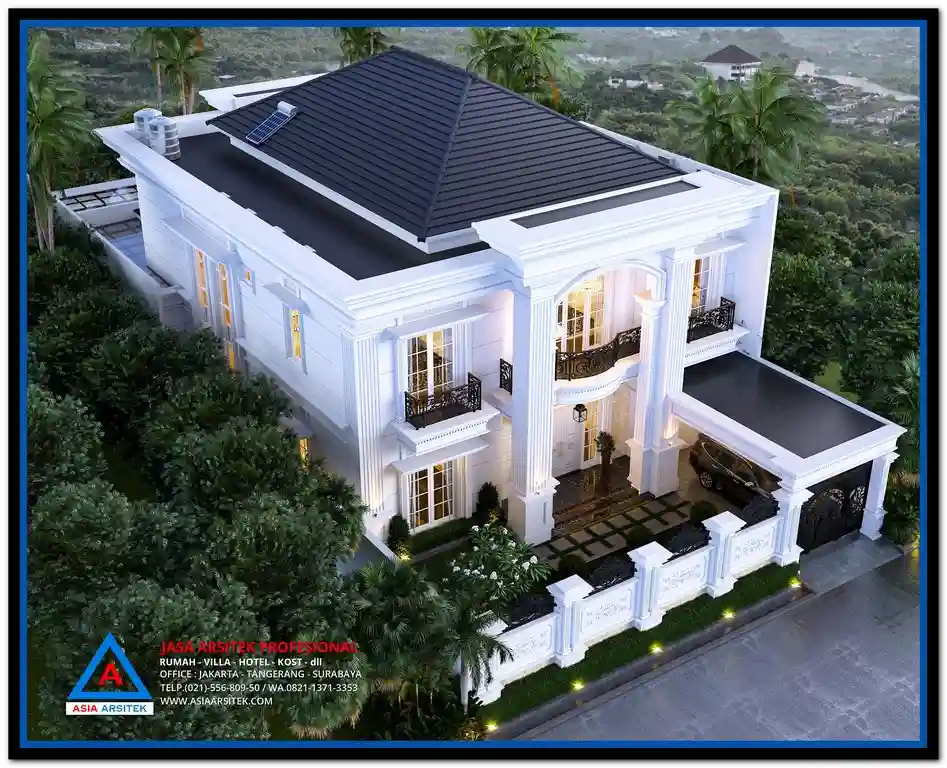 Tampak atas rumah klasik 2 lantai dengan layout memanjang ukuran 16x37 meter, dilengkapi taman dan akses sirkulasi yang luas