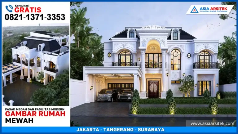Desain rumah klasik mewah 3 lantai dengan fasad megah dan fasilitas modern seperti kolam renang dan rooftop elegan