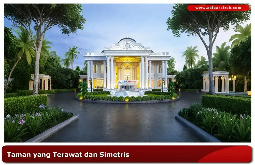 taman depan rumah klasik yang simetris dan terawat