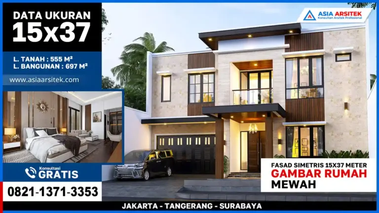 Desain Rumah Mewah 2 Lantai dengan Fasad Simetris 15x37 Meter – Hunian megah bergaya klasik modern dengan tampilan fasad seimbang dan detail arsitektur elegan