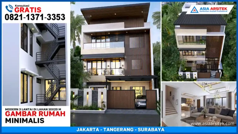 Desain Rumah Minimalis Modern 3 Lantai di Lahan 10x20 Meter – Hunian elegan dengan tampilan fasad bersih, bukaan lebar, dan tata ruang fungsional untuk keluarga masa kini.
