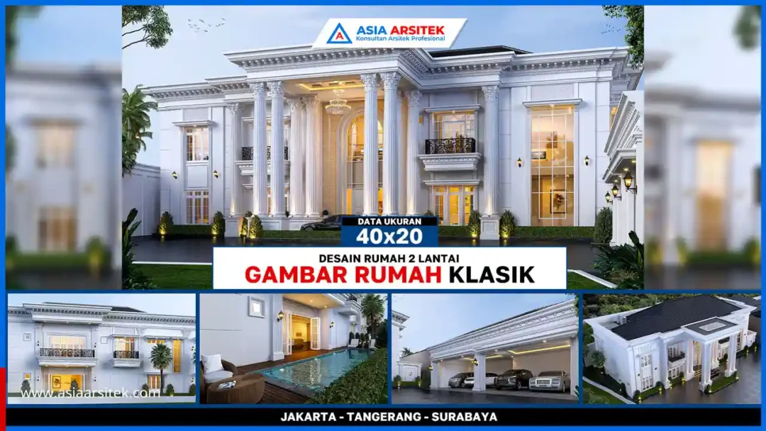 Lihat Gambar Rumah Klasik 40x20 Meter 2 Lantai – Desain rumah klasik megah dengan dua lantai, pilar besar, fasad elegan, dan tampilan simetris di lahan luas 40x20 meter.