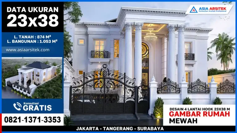 Gambar Rumah Klasik 4 Lantai Hook 23x38 Meter – Rumah klasik megah di lahan hook, berdiri empat lantai dengan pilar-pilar besar, detail ornamen Eropa, dan fasad menawan yang mencuri perhatian.