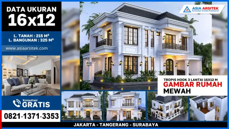 Gambar Rumah Mewah Tropis Hook 3 Lantai 16x12 m di Bogor – Desain sudut elegan dengan fasad terbuka, bukaan lebar, balkon tropis, dan permainan garis tegas khas rumah hook modern.