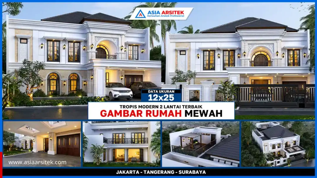 Gambar Rumah Mewah Tropis Modern 2 Lantai Terbaik 12x25 Meter – Fasad rumah tropis modern dengan bukaan lebar, elemen kayu alami, taman tropis, dan desain simetris yang elegan dan mewah
