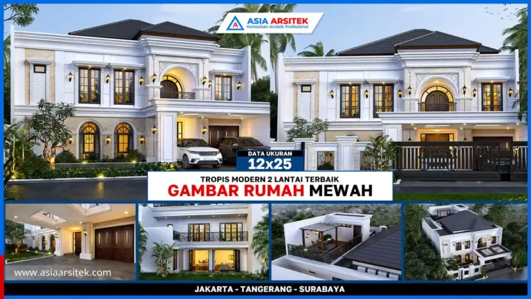 Gambar Rumah Mewah Tropis Modern 2 Lantai Terbaik 12x25 Meter – Fasad rumah tropis modern dengan bukaan lebar, elemen kayu alami, taman tropis, dan desain simetris yang elegan dan mewah