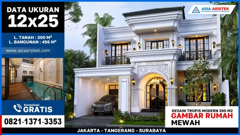 Gambar Rumah Mewah Tropis Modern 300 M2 – Desain rumah mewah tropis bergaya modern di lahan 300 meter persegi dengan tampilan fasad elegan, bukaan lebar, dan nuansa alami yang menyegarkan.