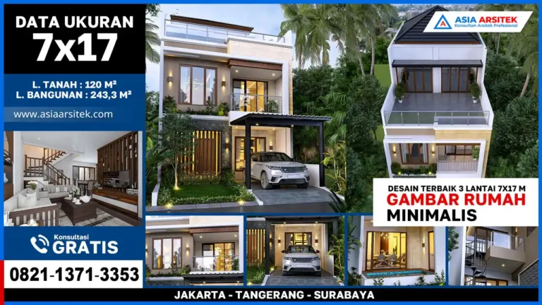 Gambar Rumah Minimalis Terbaik 3 Lantai 7x17 Meter – Desain rumah minimalis 3 lantai dengan tampilan modern, jendela besar, atap datar, dan fasad simpel namun elegan di lahan terbatas.