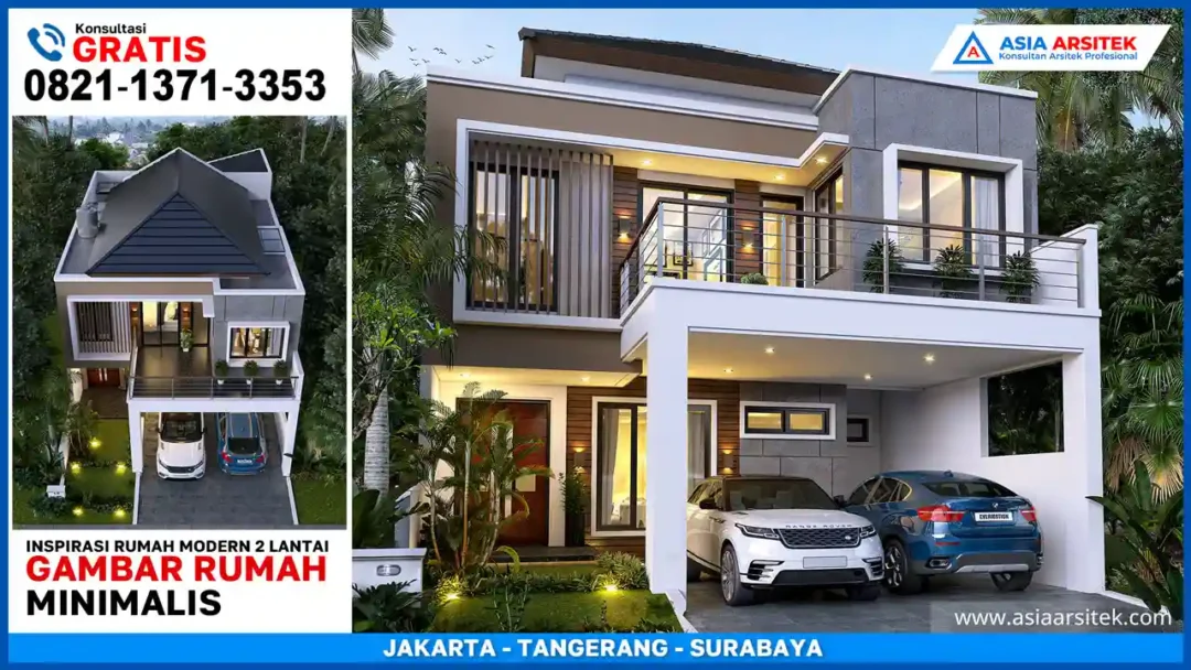 Inspirasi Rumah Minimalis Modern 2 Lantai – Tampak depan rumah dua lantai bergaya minimalis modern dengan jendela lebar, fasad simpel, dan nuansa kekinian.