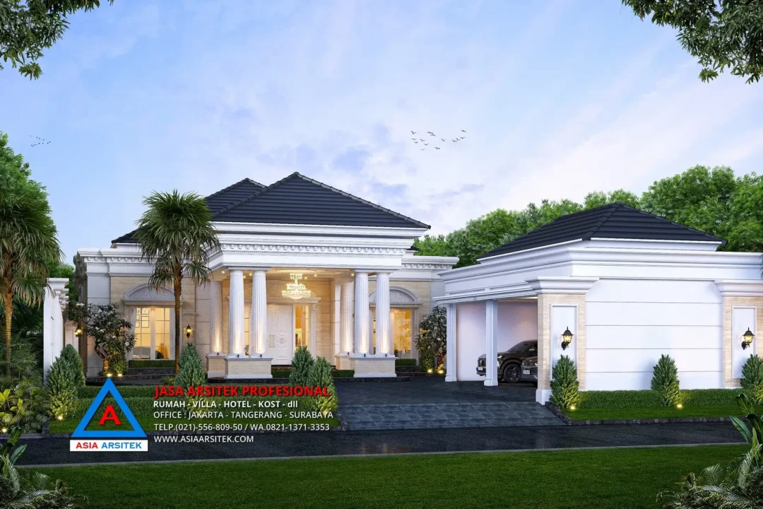 tampak depan Jasa Arsitek Desain Rumah Mewah Klasik 1 Lantai di Sulawesi Selatan