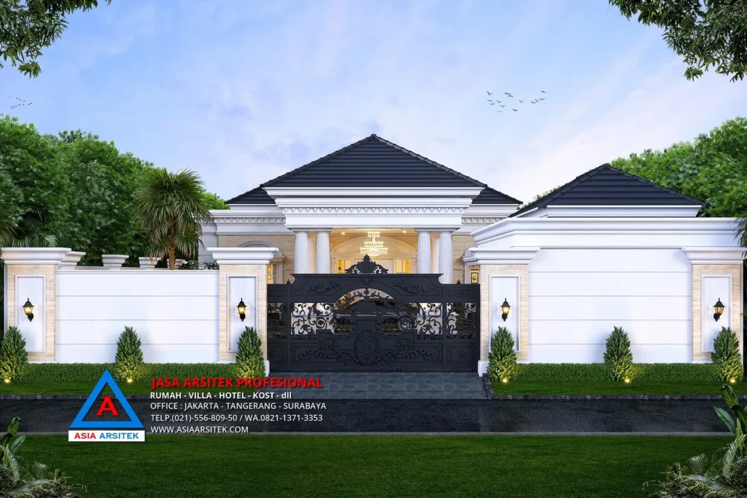 view depan Jasa Arsitek Desain Rumah Mewah Klasik 1 Lantai di Sulawesi Selatan