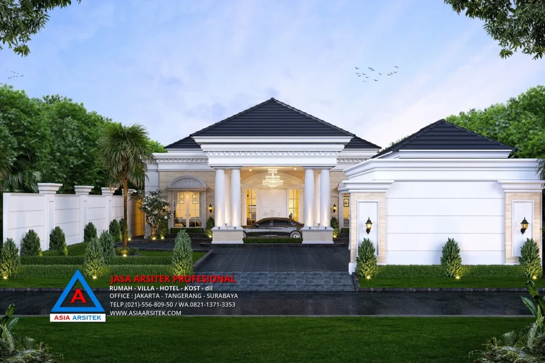 fasad depan Jasa Arsitek Desain Rumah Mewah Klasik 1 Lantai di Sulawesi Selatan