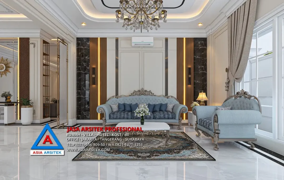ruang tamu Jasa Arsitek Desain Rumah Mewah Klasik 1 Lantai di Sulawesi Selatan
