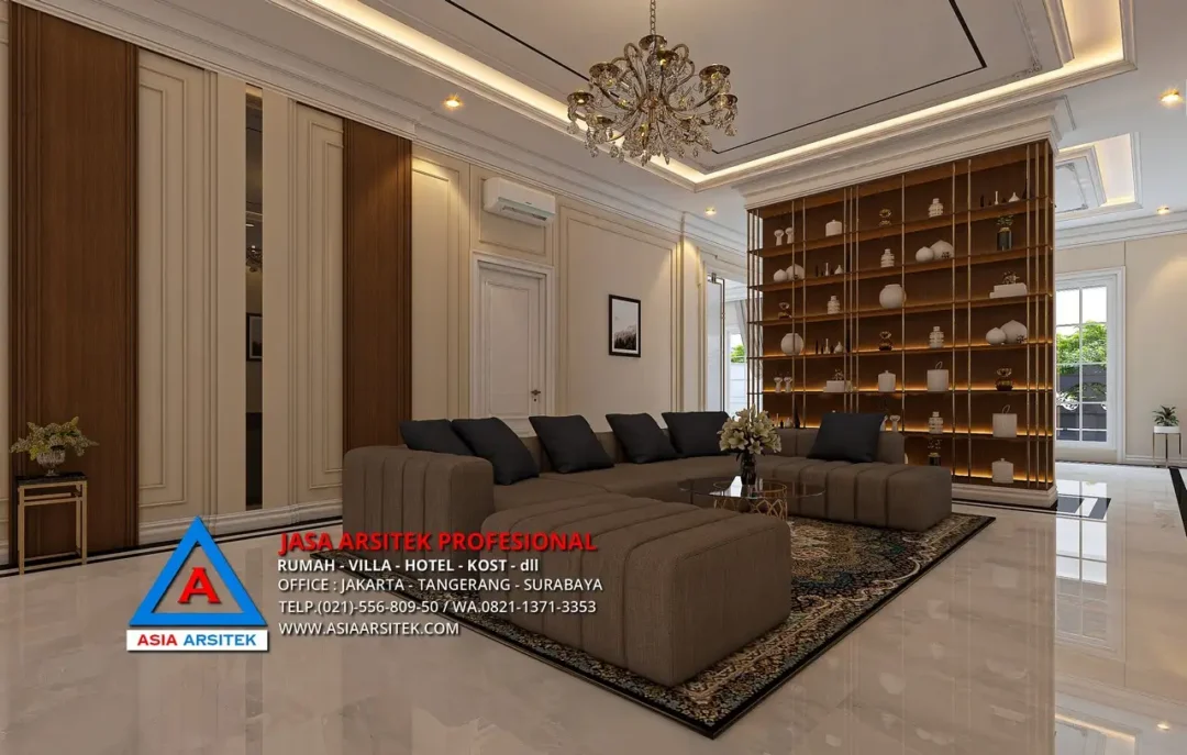ruang duduk Jasa Arsitek Desain Rumah Mewah Klasik 1 Lantai di Sulawesi Selatan