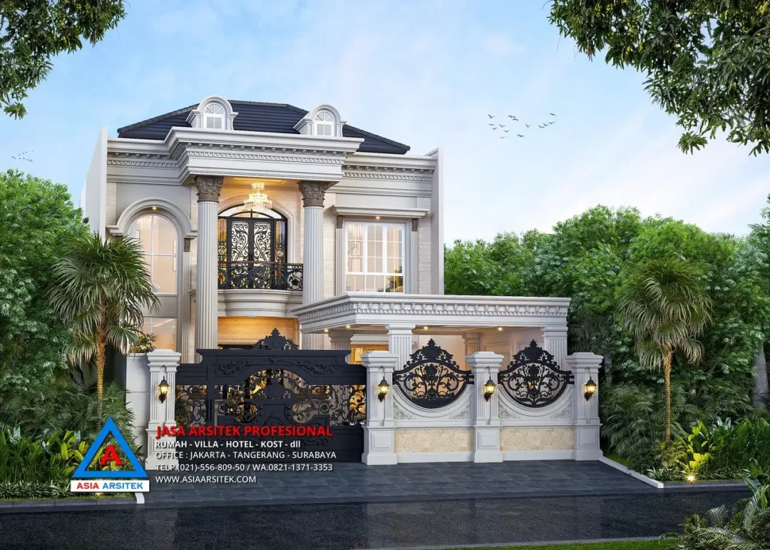 tampak depan Jasa Arsitek Desain Rumah Mewah Klasik 2 Lantai di Tulungagung Jawa Timur
