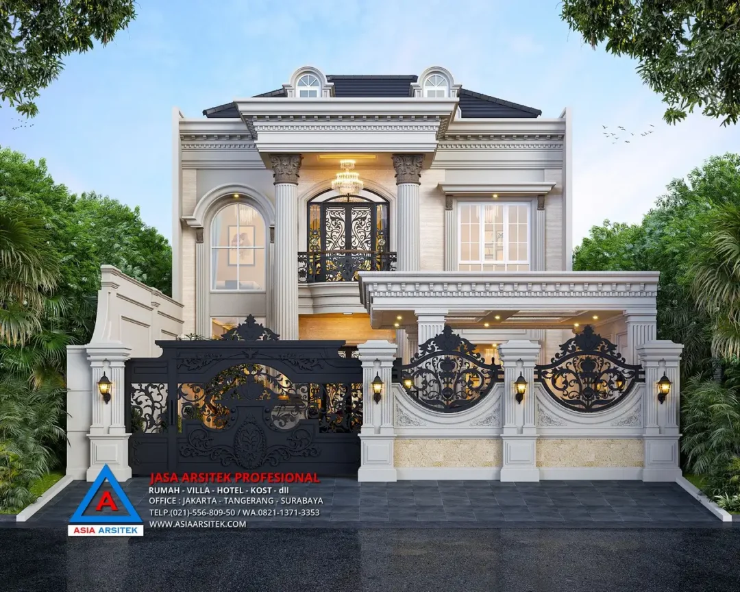 view depan Jasa Arsitek Desain Rumah Mewah Klasik 2 Lantai di Tulungagung Jawa Timur
