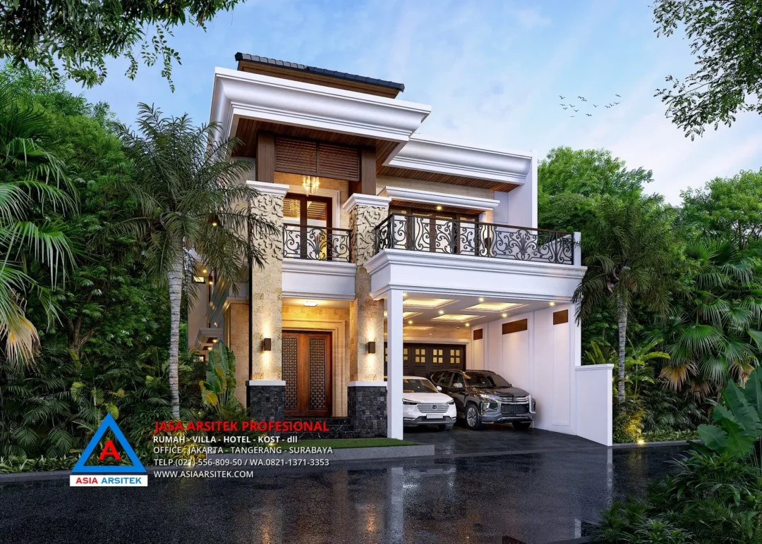 tampak depan Jasa Arsitek Desain Rumah Mewah Tropis 2 Lantai di Bintaro Jakarta Selatan