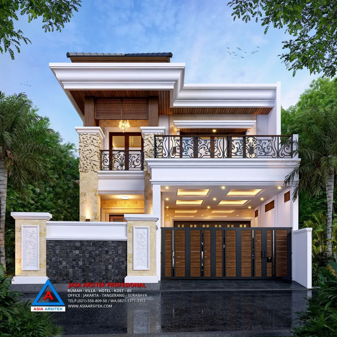 view depan Jasa Arsitek Desain Rumah Mewah Tropis 2 Lantai di Bintaro Jakarta Selatan