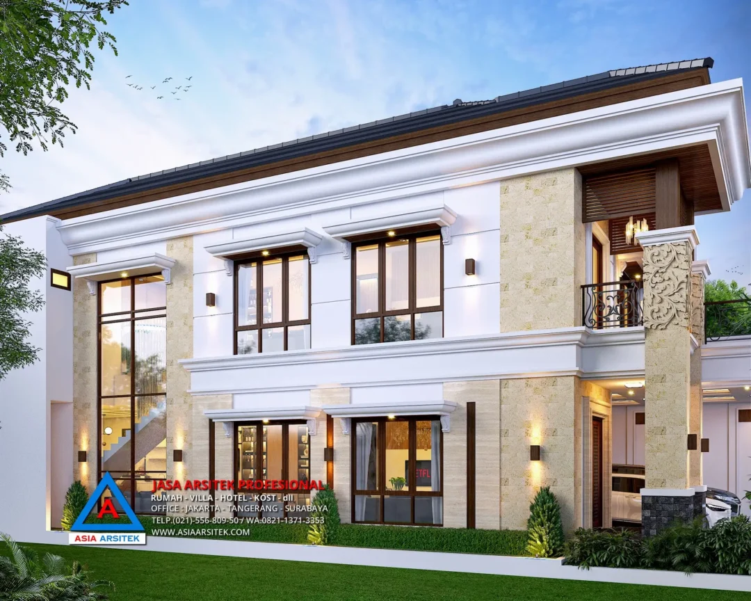 tampak samping kiri Jasa Arsitek Desain Rumah Mewah Tropis 2 Lantai di Bintaro Jakarta Selatan