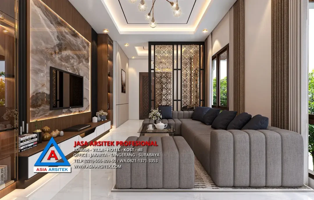 ruang keluarga Jasa Arsitek Desain Rumah Mewah Tropis 2 Lantai di Bintaro Jakarta Selatan