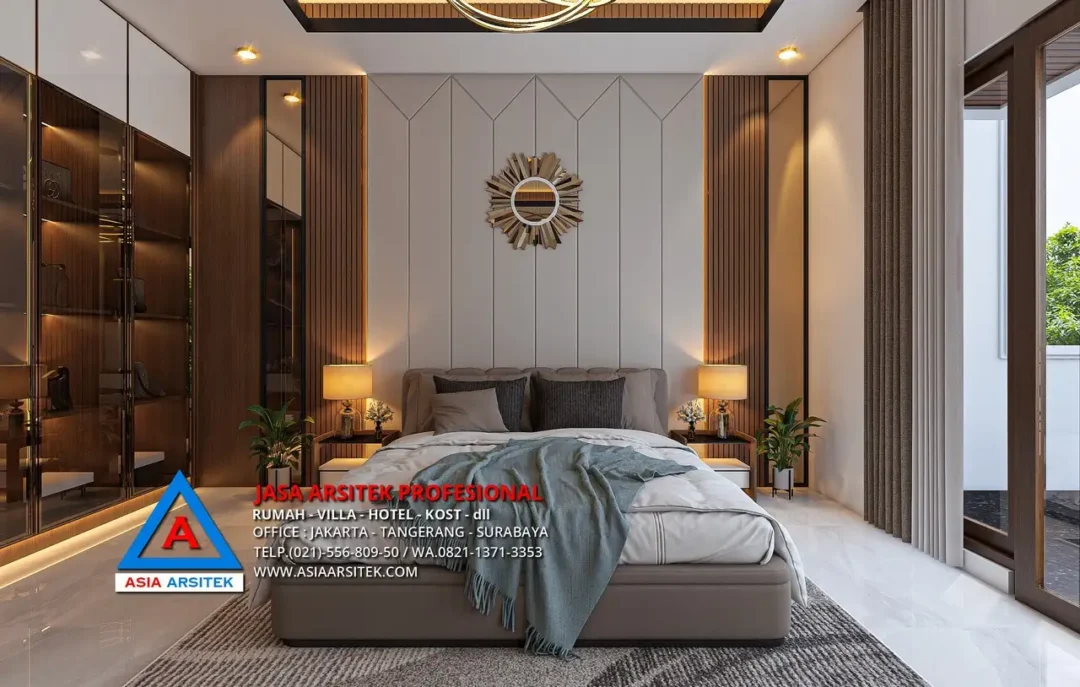kamar tidur utama Jasa Arsitek Desain Rumah Mewah Tropis 2 Lantai di Bintaro Jakarta Selatan