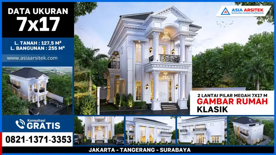 Rumah Klasik Mewah 2 Lantai dengan Pilar Megah 7x17 Meter – Fasad elegan bergaya Eropa dengan pilar simetris tinggi, ornamen klasik, dan tampilan mewah meski di atas lahan terbatas.