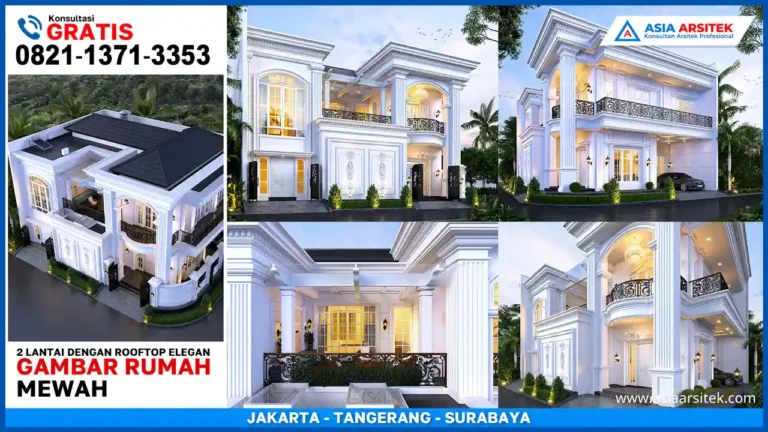 Rumah Klasik Mewah 2 Lantai dengan Rooftop Elegan – Desain rumah dua lantai bergaya klasik mewah dengan pilar besar, detail fasad elegan, dan rooftop indah untuk bersantai