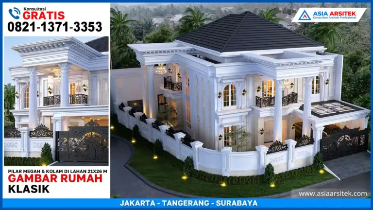 Rumah klasik mewah dengan pilar megah dan kolam elegan dibangun di atas lahan 21x26 meter dengan desain fasad megah