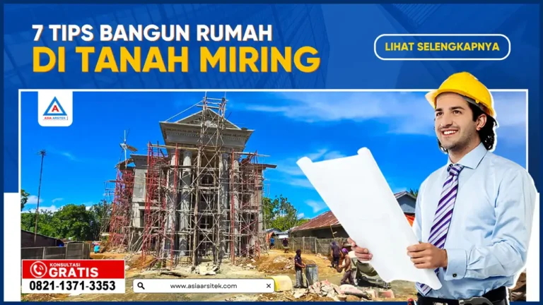 7 Tips Bangun Rumah Impian di Tanah Miring – Ilustrasi rumah bertingkat pada kontur tanah tidak rata dengan desain pondasi kuat dan fasad modern yang estetis.
