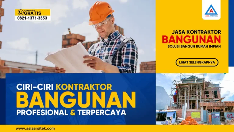 Ciri-Ciri Kontraktor Bangunan Yang Profesional dan Terpercaya – Ilustrasi kontraktor berseragam lengkap di lokasi proyek, membawa dokumen legal, menunjukkan gambar teknis, dan memantau kualitas pembangunan.