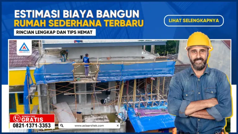 Estimasi Biaya Bangun Rumah Sederhana Terbaru – Ilustrasi sketsa rumah minimalis satu lantai dengan tabel estimasi biaya pembangunan untuk perencanaan anggaran yang akurat.