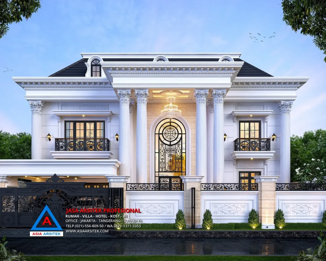 tampak depan Jasa Arsitek Desain Rumah Mewah Klasik 3 Lantai di Kelapa Dua Tangerang, jasa desain rumah, jasa arsitek rumah, jasa desain rumah tangerang, jasa arsitek tangerang, jasa arsitek rumah tangerang, jasa desain arsitek