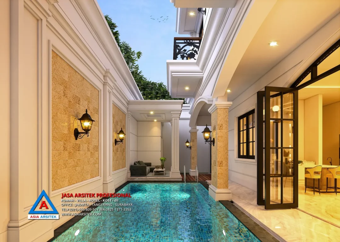 view kolam renang Jasa Arsitek Desain Rumah Mewah Klasik 3 Lantai di Kelapa Dua Tangerang, jasa desain rumah, jasa arsitek rumah, jasa desain rumah tangerang, jasa arsitek tangerang, jasa arsitek rumah tangerang, jasa desain arsitek