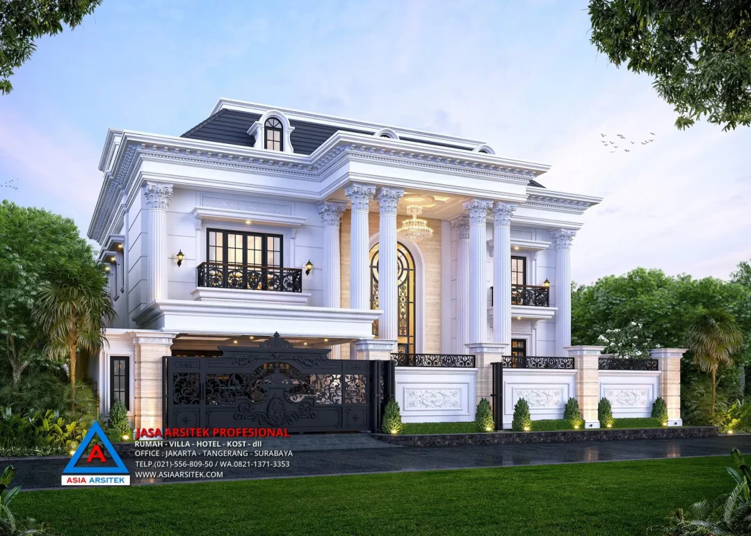view depan dengan pagar Jasa Arsitek Desain Rumah Mewah Klasik 3 Lantai di Kelapa Dua Tangerang, jasa desain rumah, jasa arsitek rumah, jasa desain rumah tangerang, jasa arsitek tangerang, jasa arsitek rumah tangerang, jasa desain arsitek