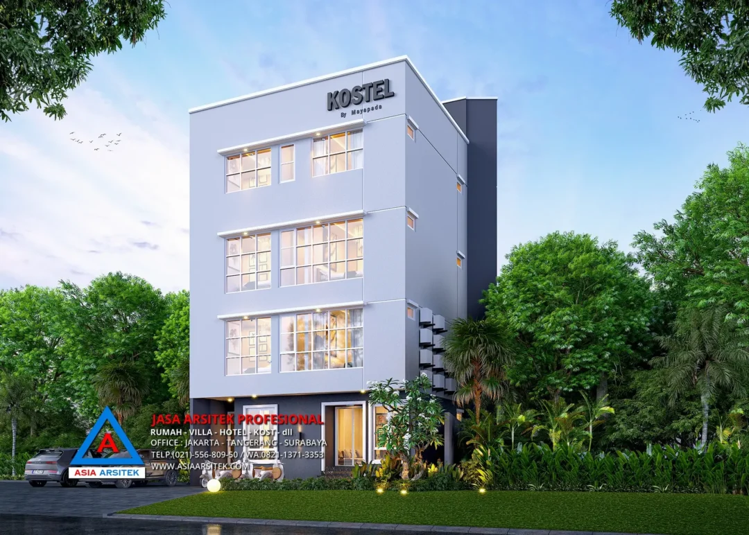 Tampak depan samping Jasa Desain Rumah Kost 4 Lantai di Kebon Jeruk Jakarta Barat, jasa desain rumah kost jakarta barat, jasa desain rumah kost, contoh desain kos kosan, contoh desain kos kosan minimalis, contoh desain kos kosan sederhana, contoh desain rumah kost, contoh desain rumah kost 2 lantai, desain bangunan kost minimalis, asia arsitek jasa arsitek desain rumah villa kost hotel, arsitek rumah kost,