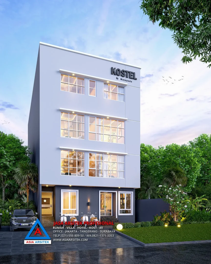 view depan Jasa Desain Rumah Kost 4 Lantai di Kebon Jeruk Jakarta Barat, jasa desain rumah kost jakarta barat, jasa desain rumah kost, contoh desain kos kosan, contoh desain kos kosan minimalis, contoh desain kos kosan sederhana, contoh desain rumah kost, contoh desain rumah kost 2 lantai, desain bangunan kost minimalis, asia arsitek jasa arsitek desain rumah villa kost hotel, arsitek rumah kost,
