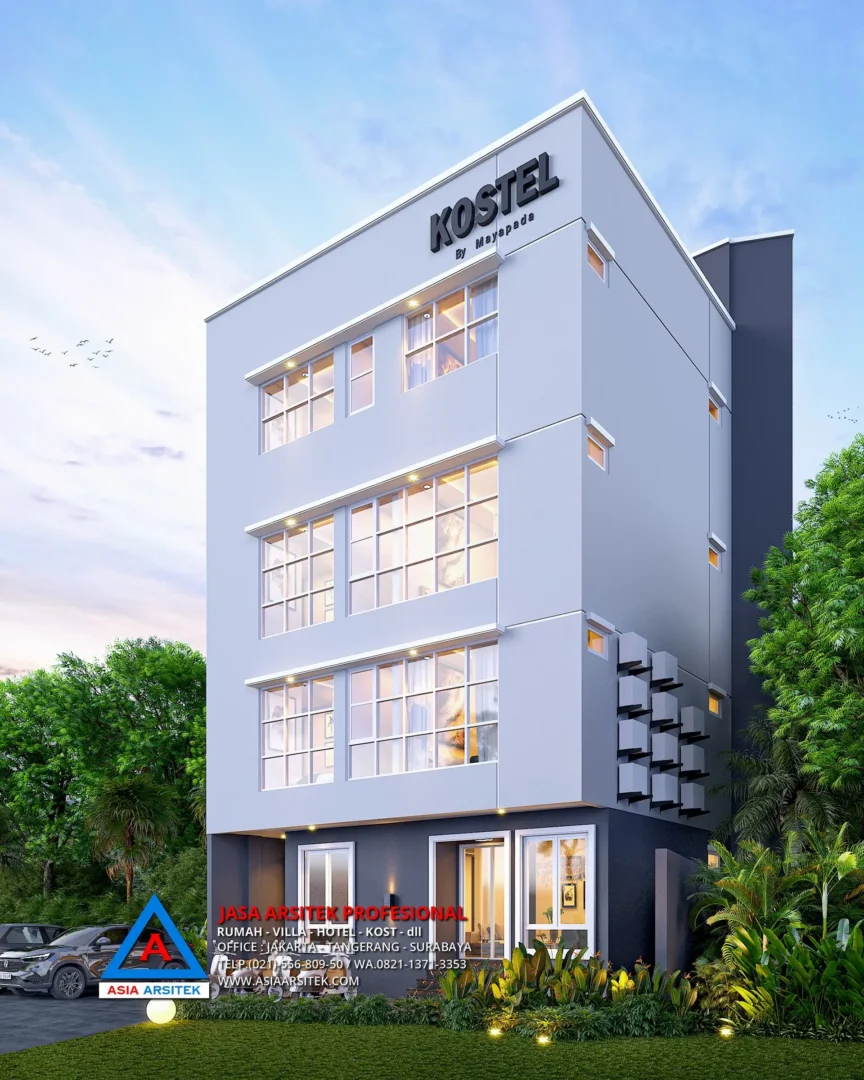 view depan kanan Jasa Desain Rumah Kost 4 Lantai di Kebon Jeruk Jakarta Barat, jasa desain rumah kost jakarta barat, jasa desain rumah kost, contoh desain kos kosan, contoh desain kos kosan minimalis, contoh desain kos kosan sederhana, contoh desain rumah kost, contoh desain rumah kost 2 lantai, desain bangunan kost minimalis, asia arsitek jasa arsitek desain rumah villa kost hotel, arsitek rumah kost,