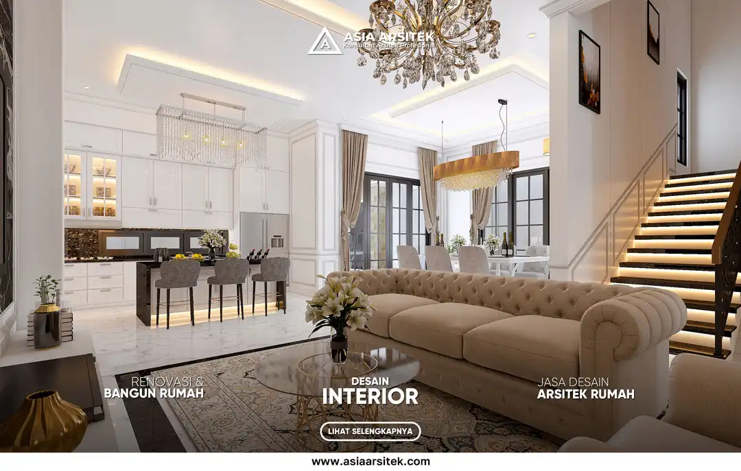 Tips Desain Ruang Keluarga Menyatu dengan Ruang Makan – Ilustrasi ruang terbuka dengan area duduk dan meja makan dalam satu layout harmonis, penuh cahaya alami dan penataan furnitur yang menyatu.