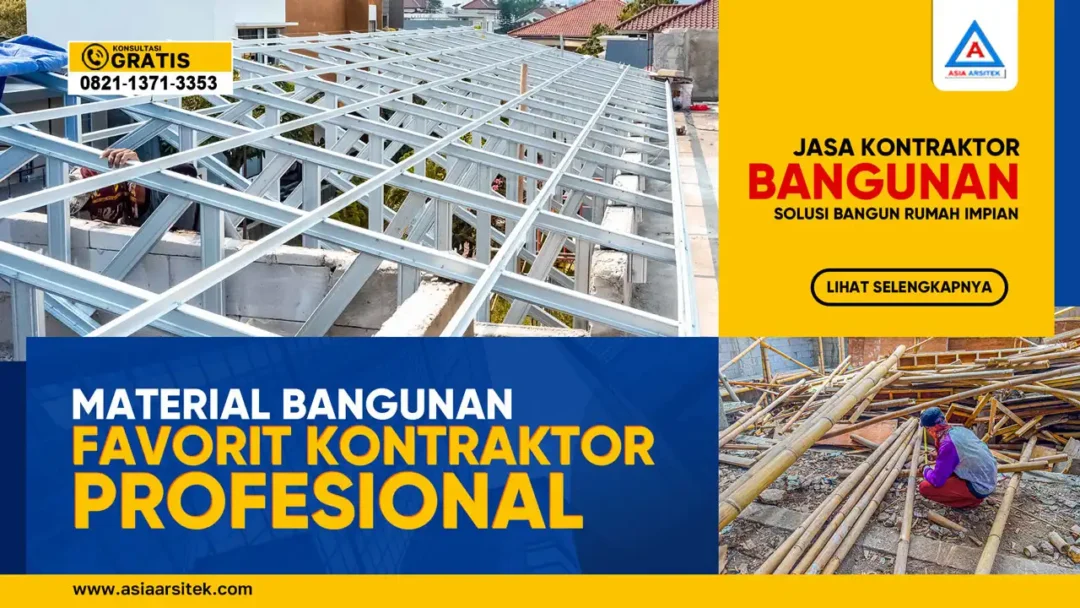 Material Bangunan Favorit Kontraktor Profesional Tahun 2025 – Ilustrasi beragam material seperti bata ringan, panel precast, cat weatherproof, dan struktur baja ringan pilihan kontraktor masa kini.